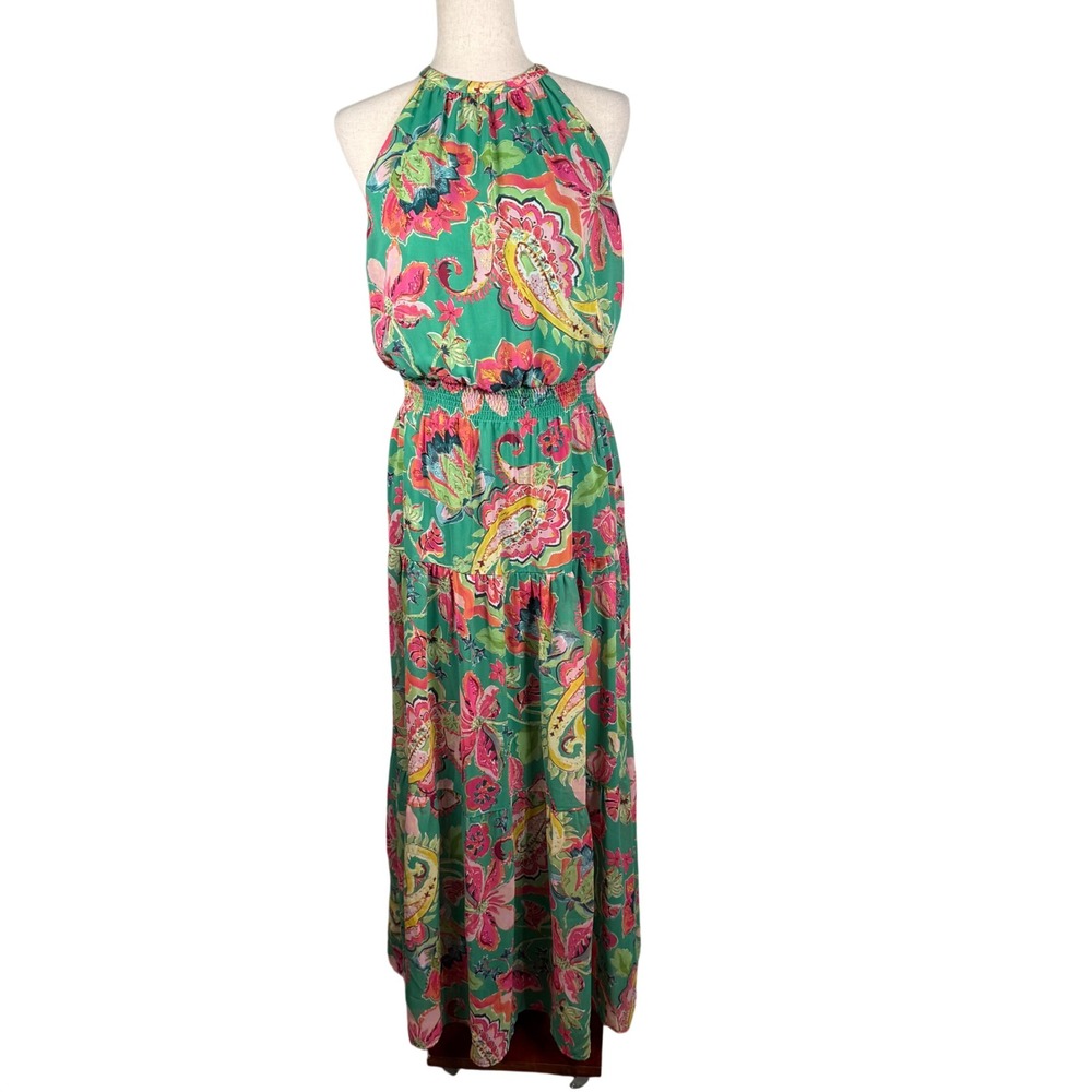 Tahari Arthur Levine Maxi Dress Womens 8 Green Paisley Floral Halter Boho Tiered